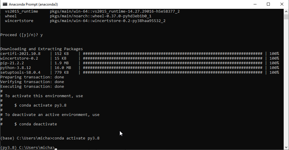 Windows Anaconda Prompt shell, creating a virtual environment