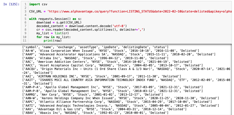 Accessing the AlphaVantage Delisiting data