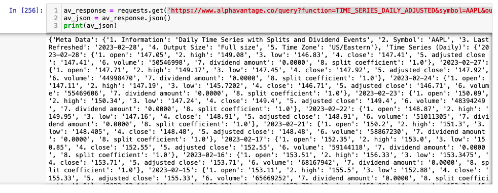 AlphaVantage API call response