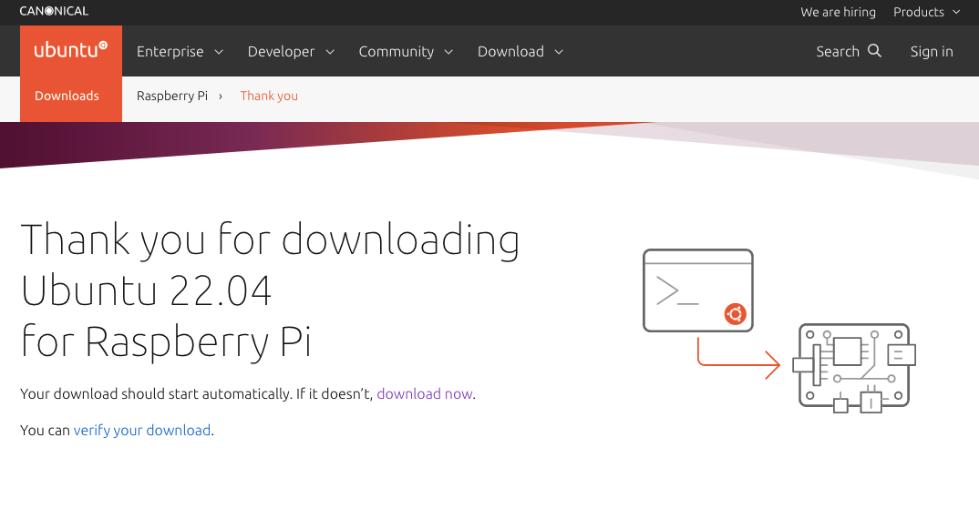 Ubuntu Server for Raspberry Pi download thank you page