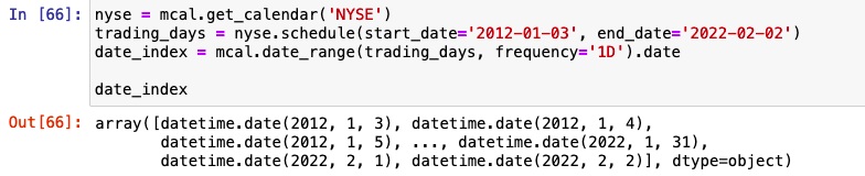 date_index array created by pandas_market_calendars